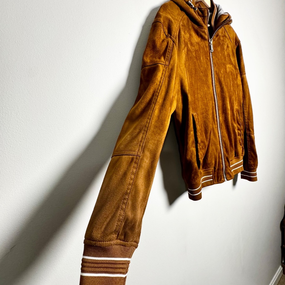 Zara Men's Faux Suede Brown Varsity Bomber Jacket w Hoodie Sz Medium - Picture 6 of 11